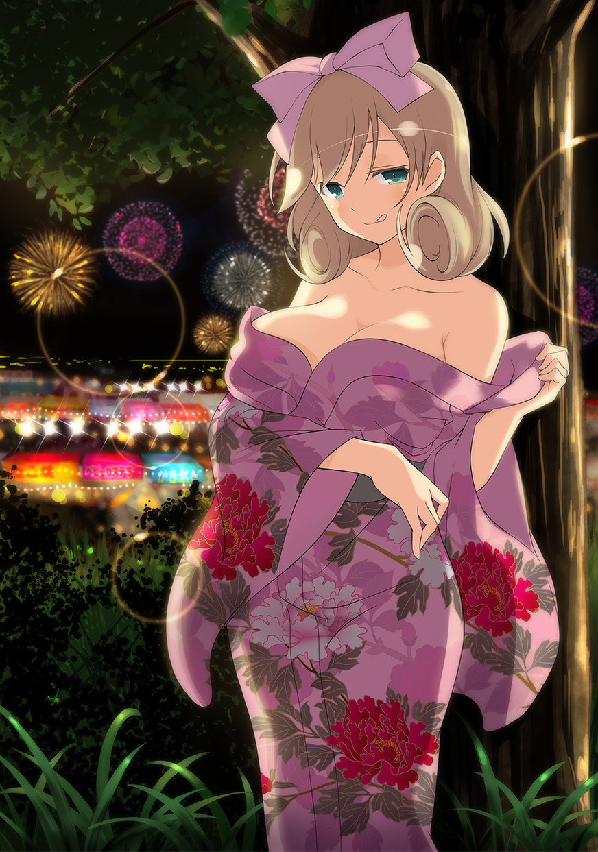 1girl :q bare_shoulders bow breasts fireworks green_eyes hair_bow haruka_(senran_kagura) highres japanese_clothes kimono large_breasts light_brown_hair looking_at_viewer naughty_face night off_shoulder official_art senran_kagura short_hair solo standing tongue tongue_out yaegashi_nan