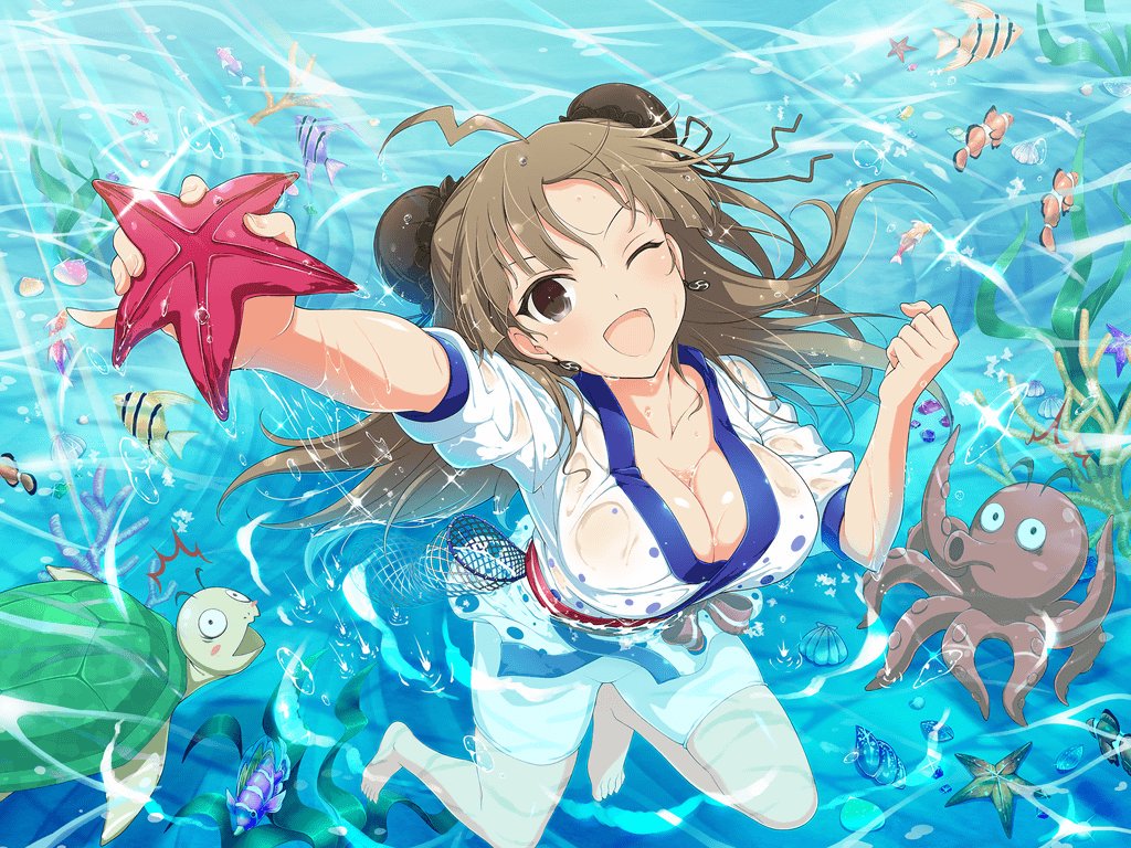 1girl ahoge animal breasts brown_eyes brown_hair bun_cover cleavage double_bun fish happy large_breasts long_hair looking_at_viewer octopus official_art one_eye_closed open_mouth renka_(senran_kagura) see-through senran_kagura senran_kagura_new_link smile solo starfish third-party_source turtle water wet wet_clothes wet_hair yaegashi_nan