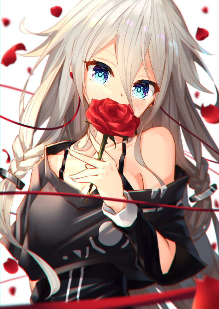 1girl aqua_eyes arm_at_side bangs bare_shoulders between_fingers black_bra bra braid breasts cleavage collarbone commentary crying crying_with_eyes_open earphones flower grey_hair habu. hair_between_eyes head_tilt headphones holding holding_flower ia_(vocaloid) long_hair long_sleeves looking_at_viewer medium_breasts off_shoulder petals red_flower red_rose rose rose_petals simple_background solo sparkle tears twin_braids underwear upper_body vocaloid white_background
