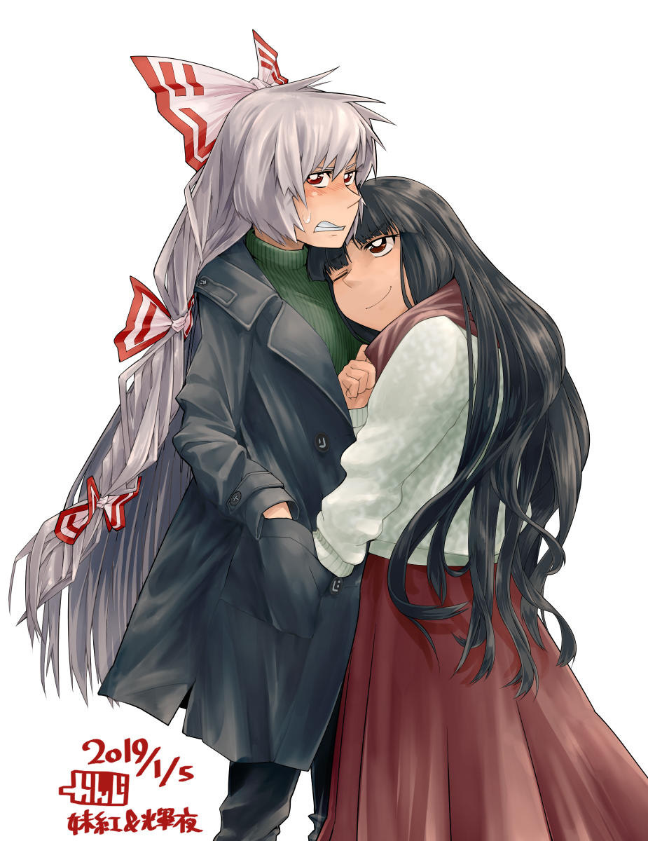 2girls ;) alternate_costume artist_logo bangs black_hair black_pants blush bow buttons casual clenched_teeth closed_mouth coat commentary_request contemporary cowboy_shot dated eyebrows_visible_through_hair fujiwara_no_mokou green_sweater grey_hair hair_bow hand_in_another's_pocket hand_in_pocket hand_up head_on_chest highres houraisan_kaguya kanji_(white7night) leaning_on_person long_hair long_skirt long_sleeves looking_at_another multiple_girls nose_blush one_eye_closed open_clothes open_coat pants red_eyes red_neckwear red_skirt ribbed_sweater scarf simple_background skirt smile standing sweatdrop sweater teeth touhou turtleneck turtleneck_sweater very_long_hair white_background white_pupils white_sweater