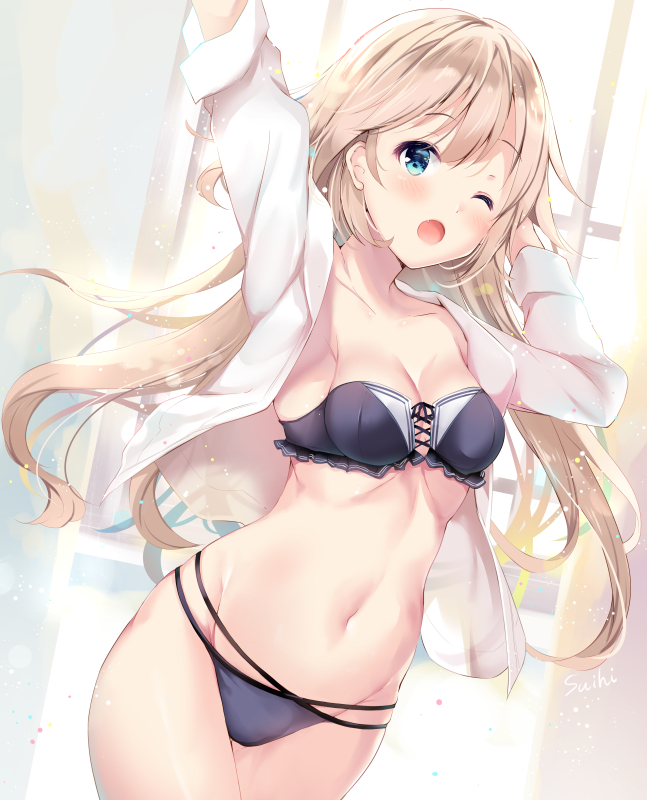 1girl ;o arm_up bangs black_bra black_panties blonde_hair blush bra breasts cleavage collarbone collared_shirt commentary_request day dutch_angle eyebrows_visible_through_hair hair_between_eyes long_hair long_sleeves medium_breasts multi-strapped_panties navel one_eye_closed open_clothes open_mouth open_shirt original panties revision shirt solo standing suihi sunlight underwear very_long_hair white_shirt window