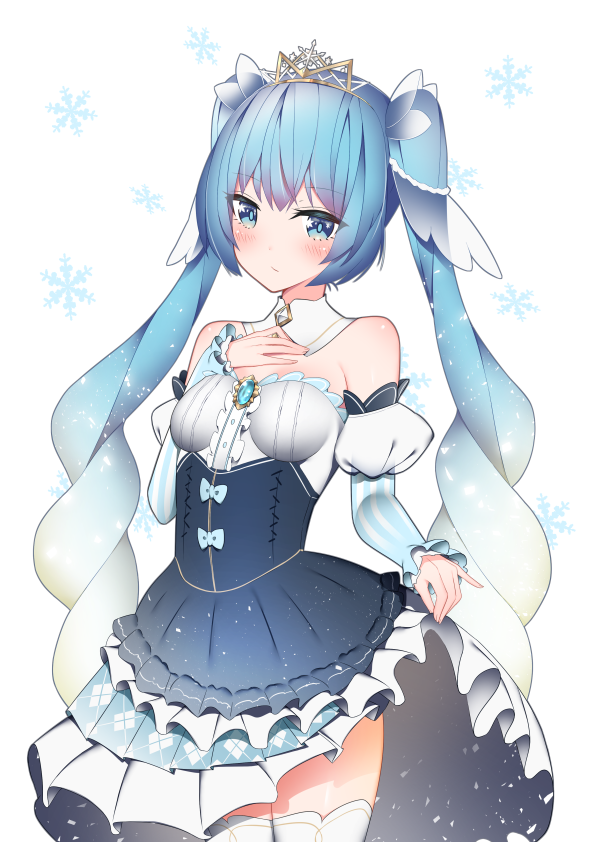 1girl bangs bare_shoulders blue_eyes blue_hair blush cowboy_shot detached_sleeves giryu hand_on_own_chest hatsune_miku long_hair looking_at_viewer simple_background skirt_hold snowflakes solo thigh-highs tiara twintails very_long_hair vocaloid white_background yuki_miku