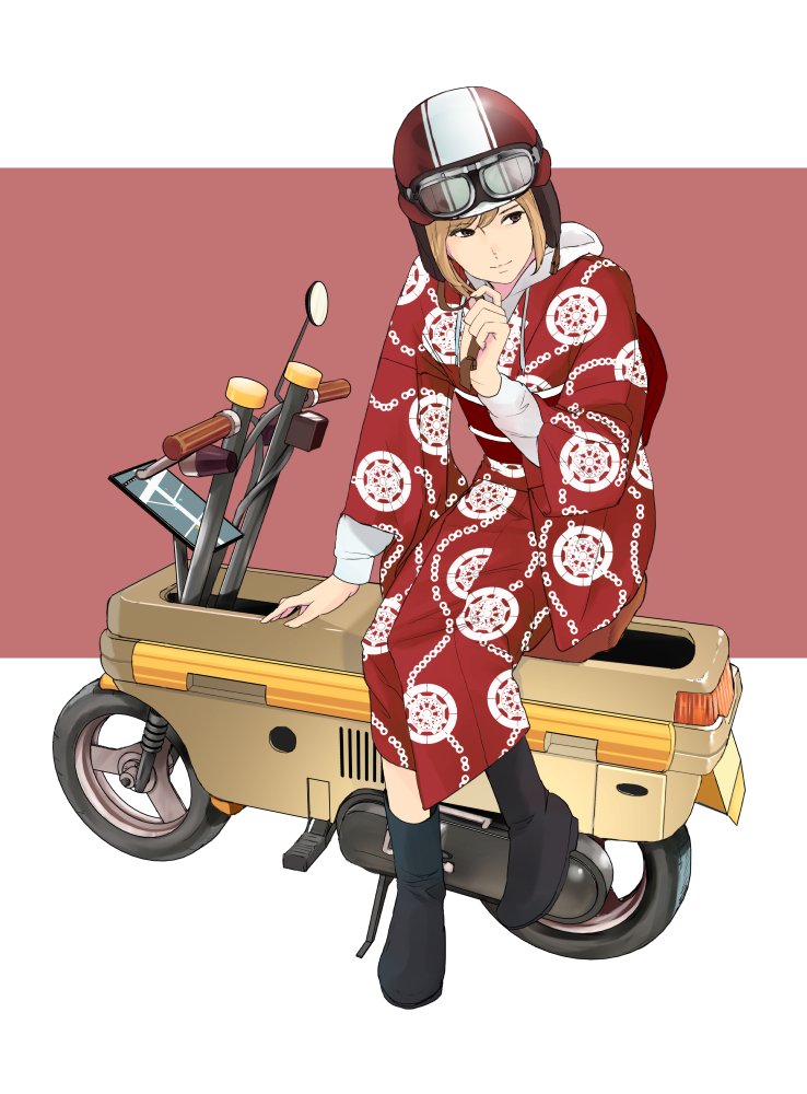 1girl black_footwear boots brown_eyes brown_hair closed_mouth commentary_request ground_vehicle helmet japanese_clothes kimono long_sleeves looking_away looking_to_the_side motor_vehicle motorcycle_helmet munakata_(hisahige) obi original red_kimono sash scooter sidesaddle sitting smile solo wide_sleeves
