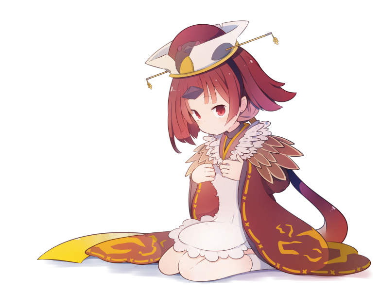 1girl apron beni_shake benienma_(fate/grand_order) blush brown_hair brown_hat brown_kimono chibi closed_mouth commentary_request fate/grand_order fate_(series) full_body hands_up hat japanese_clothes kimono long_sleeves looking_at_viewer red_eyes sitting sleeves_past_wrists socks solo wariza white_apron white_background white_legwear wide_sleeves