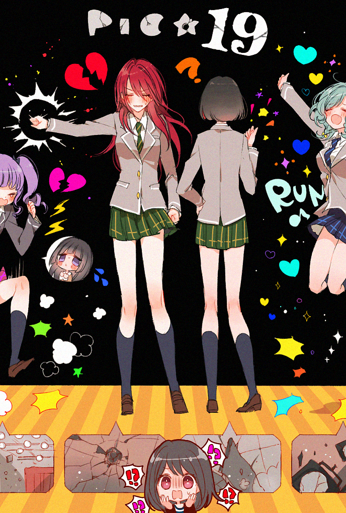 !? 5girls ? arms_up bang_dream! black_hair black_jacket black_legwear blazer blue_skirt blush broken broken_heart broken_wall brown_footwear chino_machiko clenched_hands collared_shirt cracked_wall crying flying_sweatdrops green_skirt grey_jacket hand_on_hip hands_on_own_face haneoka_school_uniform heart hikawa_hina jacket jumping kneehighs long_hair mitake_ran multiple_girls plaid plaid_skirt pleated_skirt purple_hair school_uniform shirokane_rinko shirt short_hair skirt sparkle spoken_character spoken_interrobang stage_lights stomping striped striped_shirt tsukishima_marina twintails udagawa_ako udagawa_tomoe v-shaped_eyebrows violet_eyes white_shirt