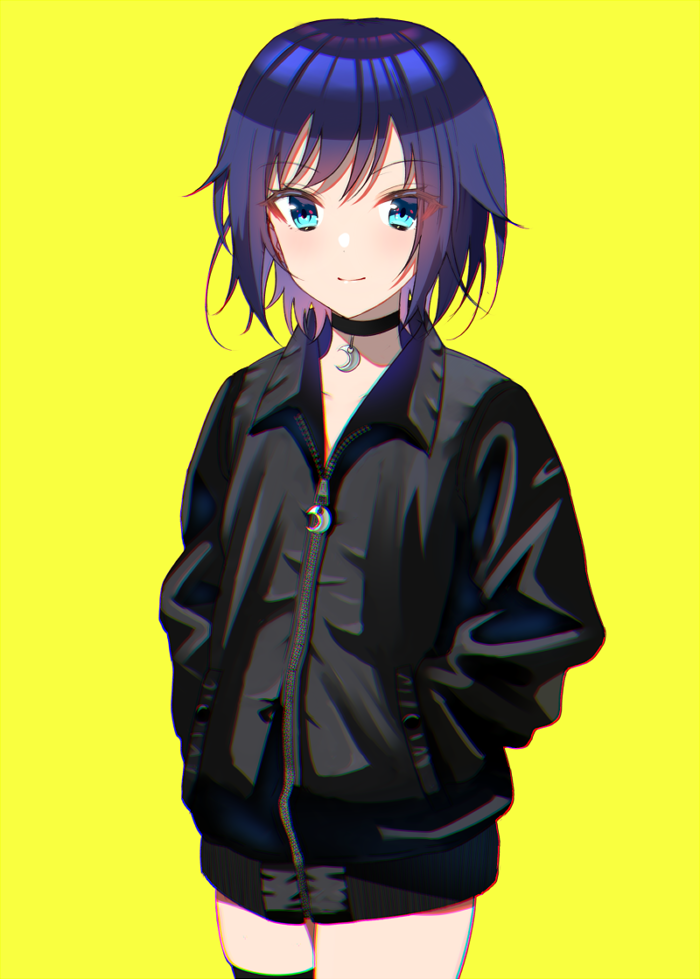 1girl bangs black_choker black_jacket blue_eyes choker closed_mouth collarbone cowboy_shot crescent eyebrows_visible_through_hair hands_in_pocket jacket minatoasu original purple_hair simple_background skindentation smile solo yellow_background