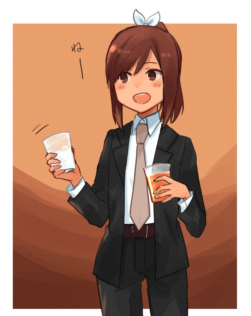 1girl alternate_costume annin_musou bangs belt blush_stickers brown_background brown_eyes brown_hair collar commentary cowboy_shot cup dress_shirt formal hair_ribbon highres holding holding_cup i-401_(kantai_collection) jacket kantai_collection looking_away necktie open_mouth parted_bangs ponytail ribbon shirt short_hair solo standing suit_jacket tan