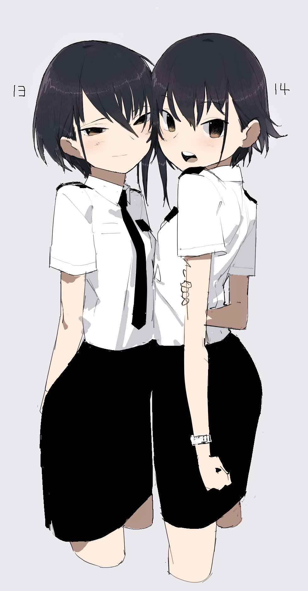 2girls asymmetrical_hair bangs black_hair black_skirt blush brown_eyes closed_mouth eyebrows_visible_through_hair facing_another grey_background hageshii_nakano head_tilt highres holding_arm i-13_(kantai_collection) i-14_(kantai_collection) kantai_collection looking_at_viewer looking_back multiple_girls necktie open_mouth shiny shiny_hair shirt short_hair sidelocks simple_background sketch skirt teeth watch watch white_shirt