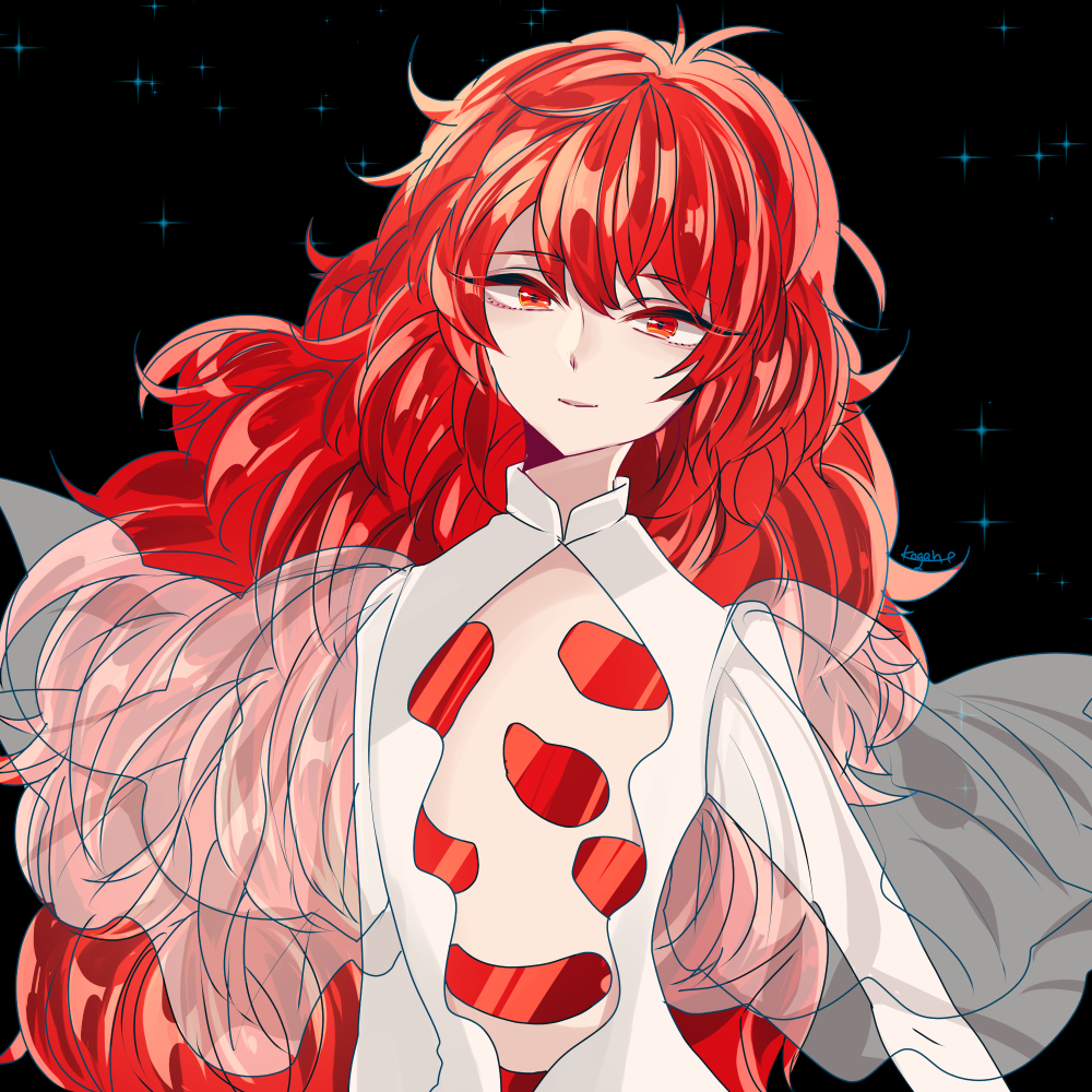 1other alternate_costume androgynous crystal_hair gem houseki_no_kuni kogatarou long_hair looking_at_viewer open_clothes padparadscha_(houseki_no_kuni) red_eyes redhead see-through_sleeves smile solo spoilers upper_body wavy_hair