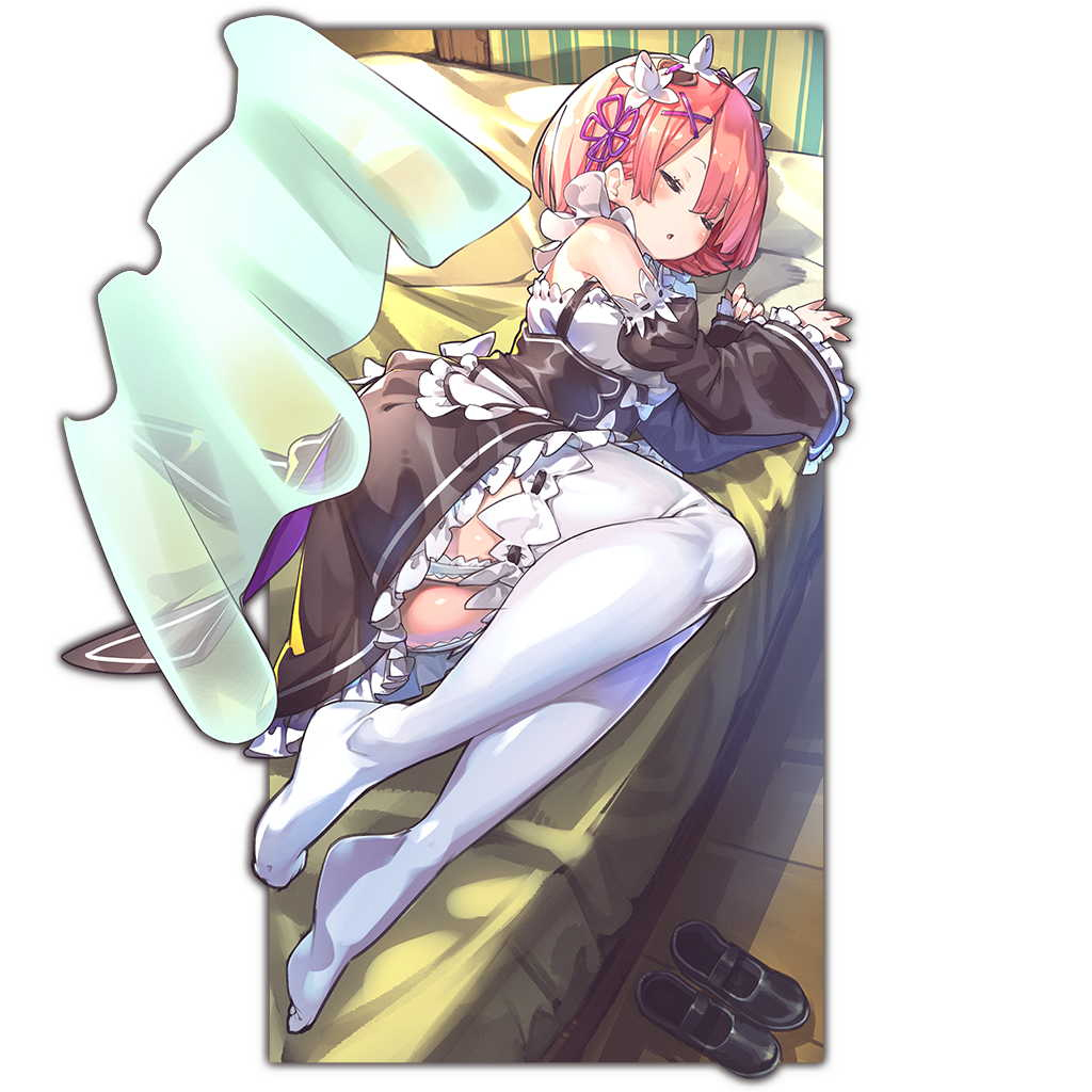 1girl closed_eyes detached_sleeves hair_ornament headdress last_period lying maid official_art on_back on_side pink_hair ram_(re:zero) re:zero_kara_hajimeru_isekai_seikatsu shoes_removed short_hair sleeping solo thigh-highs white_legwear whoopin x_hair_ornament