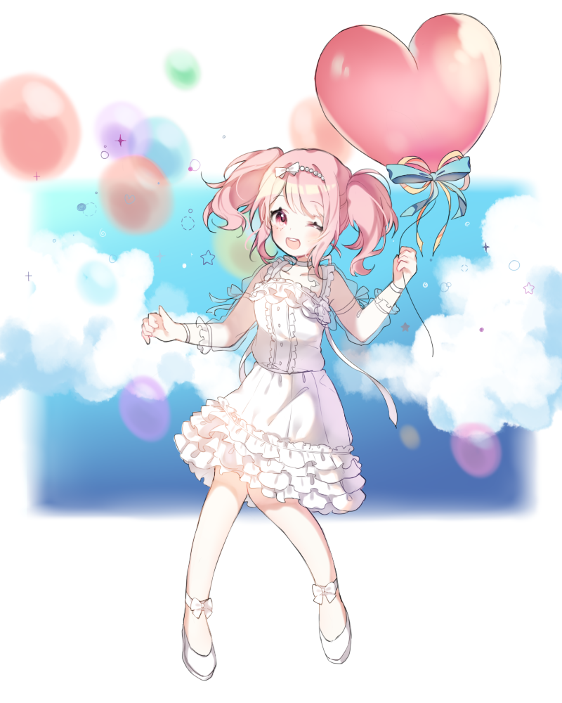 1girl 417_(ionxx417) ;d ankle_bow ankle_ribbon ankle_strap balloon bang_dream! bangs blue_ribbon blurry blurry_background blush bow bracelet choker dress frilled_dress frills full_body hair_bow hairband heart_balloon holding_balloon jewelry long_sleeves looking_at_viewer maruyama_aya one_eye_closed open_mouth pink_eyes pink_hair ribbon see-through_sleeves sidelocks smile solo twintails white_choker white_dress white_footwear