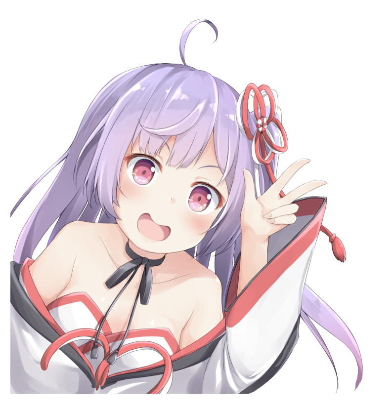 1girl :d ahoge armpit_crease bangs bare_shoulders black_choker blush character_request choker collarbone copyright_request eyebrows_visible_through_hair hair_ribbon hand_up japanese_clothes kimono long_hair long_sleeves looking_at_viewer off_shoulder one_side_up open_mouth pirason purple_hair red_eyes red_ribbon ribbon ribbon_choker sanpaku sidelocks smile solo transparent_background upper_body virtual_youtuber w white_kimono wide_sleeves