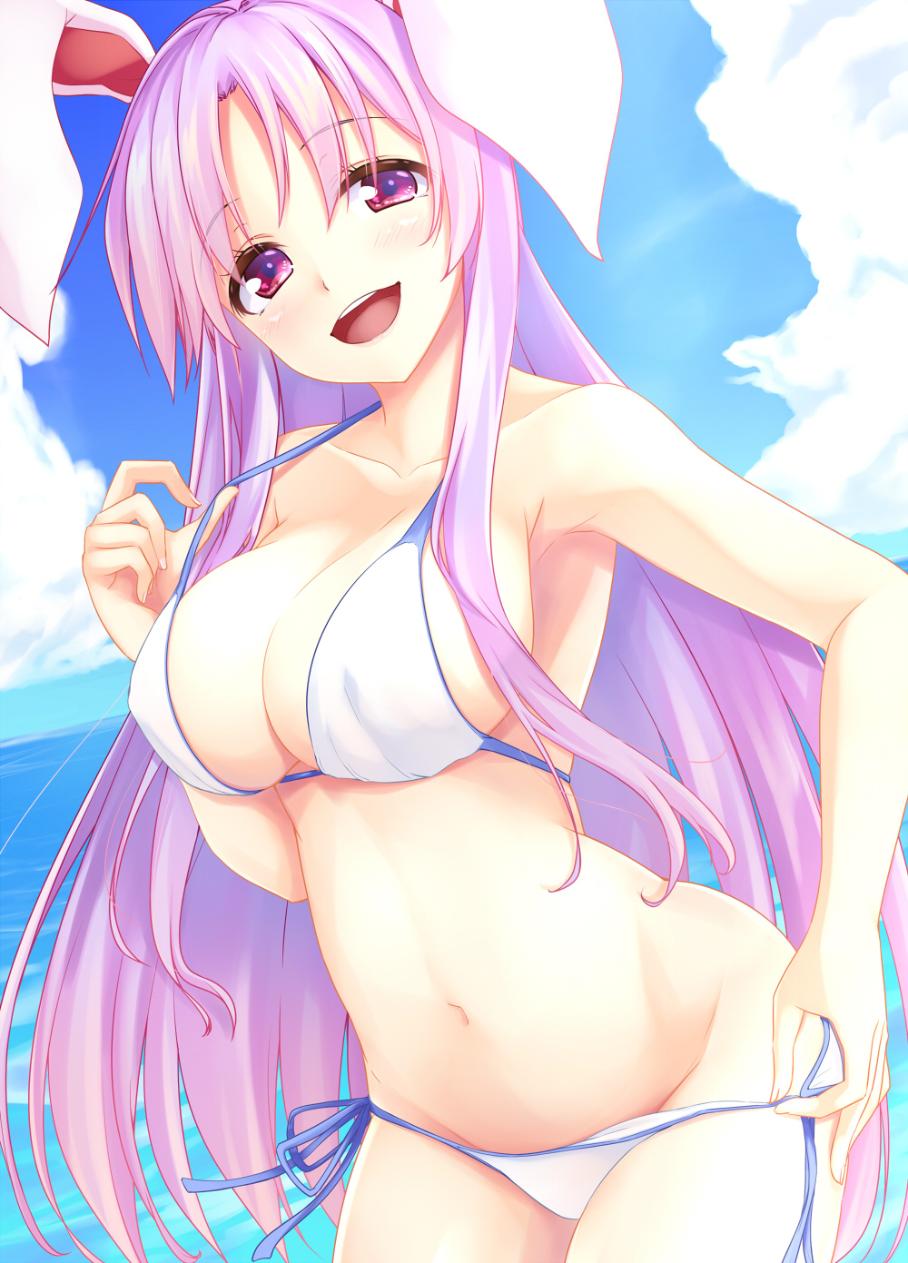 1girl :d animal_ears bare_arms bare_shoulders bikini bikini_pull blue_sky blush breasts clouds collarbone commentary_request cowboy_shot day eyebrows_visible_through_hair groin hair_between_eyes hand_up head_tilt highres kue large_breasts leaning_forward long_hair looking_at_viewer navel open_mouth outdoors purple_hair rabbit_ears red_eyes reisen_udongein_inaba side-tie_bikini sketch sky smile solo standing stomach swimsuit thighs touhou very_long_hair water white_bikini