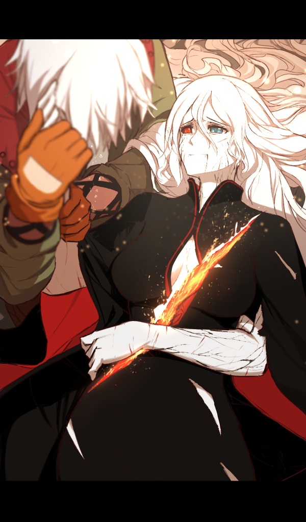 1boy 1girl black_hair black_sclera blue_eyes breasts cleavage commentary dishwasher1910 dress english_commentary facial_mark forehead_mark glowing hand_holding heterochromia jewelry long_hair professor_ozpin red_eyes rwby salem_(rwby) smile veins white_hair white_skin