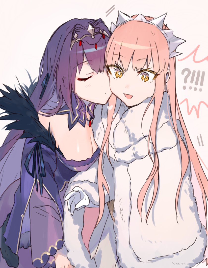 2girls ?!! bangs blunt_bangs breasts cape cleavage closed_eyes cow_(shadow) dress eyebrows_visible_through_hair fate/grand_order fate_(series) fur_trim gloves hair_between_eyes heart incoming_kiss large_breasts long_hair long_sleeves looking_to_the_side medb_(fate)_(all) medb_(fate/grand_order) multiple_girls open_mouth pink_hair purple_dress purple_hair red_eyes scathach_(fate)_(all) scathach_skadi_(fate/grand_order) sidelocks simple_background skirt tiara white_background white_gloves white_skirt yellow_eyes