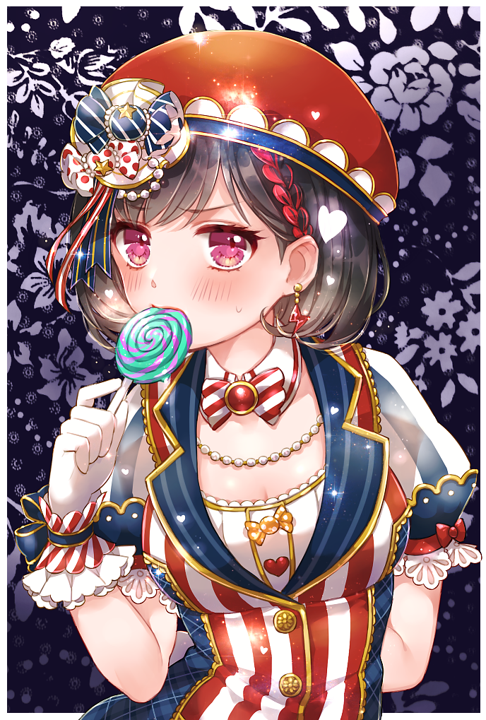 1girl arm_behind_back bang_dream! blush bow bowtie braid breasts chino_machiko cleavage detached_collar earrings eating floral_background frilled_gloves frills gloves hat hat_bow heart holding_lollipop jewelry lace-trimmed_sleeves lightning_bolt_earrings looking_at_viewer medium_breasts mitake_ran multicolored_hair necklace pearl_necklace polka_dot polka_dot_bow red_hat ribbon shirt short_hair short_sleeves side_braid solo streaked_hair striped striped_bow striped_neckwear striped_ribbon striped_shirt sweatdrop upper_body vertical-striped_shirt vertical_stripes violet_eyes white_gloves wrist_bow