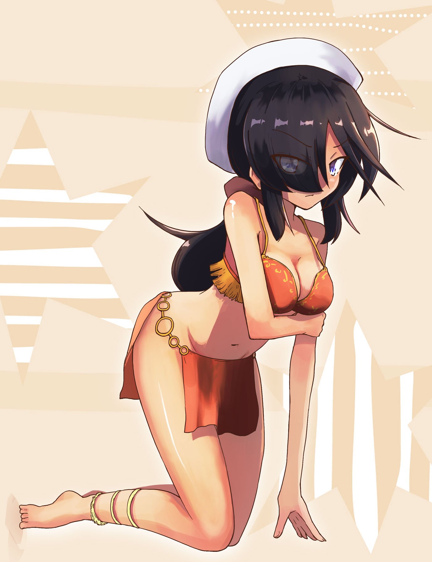 1girl anklet arm_support bangs barefoot bikini black_hair blue_eyes bow breast_hold breasts brown_bikini cleavage closed_mouth commentary dark_skin dixie_cup_hat eyebrows_visible_through_hair eyes_visible_through_hair fringe_trim frown girls_und_panzer hair_bow hair_over_one_eye hat hat_feather highres jewelry jinguu_(4839ms) kneeling leaning_forward legs long_hair medium_breasts military_hat navel o-ring o-ring_bikini ogin_(girls_und_panzer) pelvic_curtain ponytail red_bow solo star star_print swimsuit white_hat