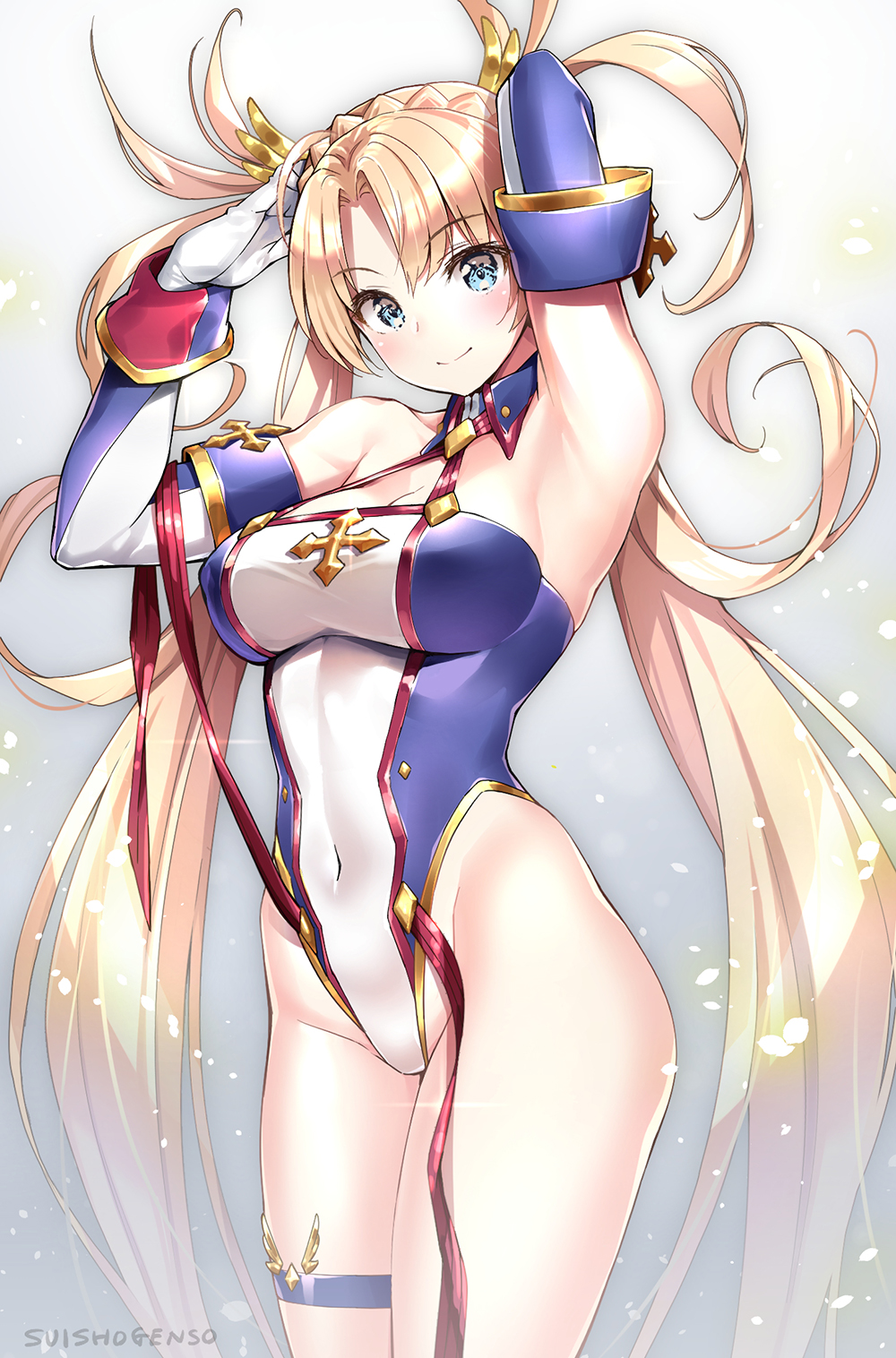 1girl armpits arms_up bangs bare_shoulders blonde_hair blue_eyes blush bradamante_(fate/grand_order) braid breasts cleavage closed_mouth covered_navel elbow_gloves fate/grand_order fate_(series) french_braid gloves gradient gradient_background hair_ornament highleg highleg_leotard highres hips large_breasts leotard long_hair looking_at_viewer shiny shiny_hair smile solo standing suishougensou thigh_strap thighs twintails very_long_hair