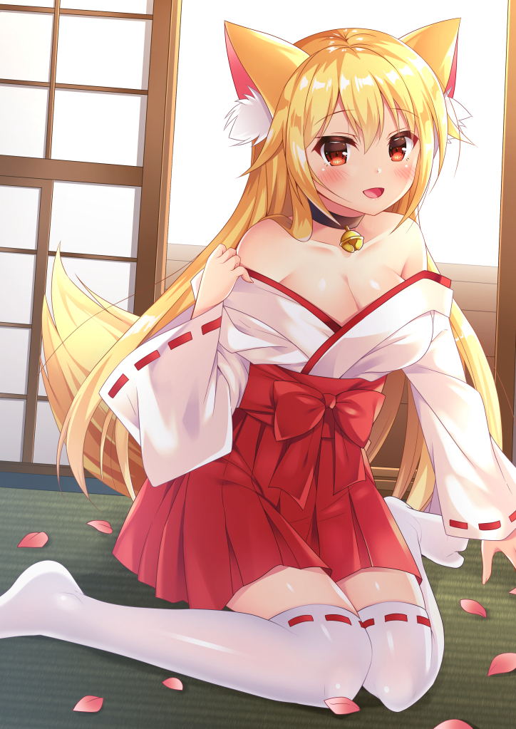 1girl :d animal_ear_fluff animal_ears bell bell_choker black_choker blonde_hair blush breasts choker cleavage collarbone commentary_request fox_ears fox_girl fox_tail fujikura_ryuune hakama hakama_skirt hand_up japanese_clothes kimono large_breasts long_hair long_sleeves looking_at_viewer miko no_shoes off_shoulder open_mouth original petals red_eyes red_hakama ribbon-trimmed_legwear ribbon-trimmed_sleeves ribbon_trim short_kimono sitting smile solo tail thigh-highs very_long_hair wariza white_kimono white_legwear wide_sleeves