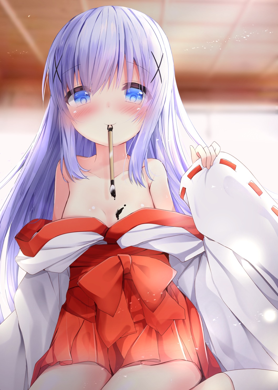 1girl bangs bare_shoulders blue_eyes blue_hair blurry blurry_background bow breasts calligraphy_brush closed_mouth collarbone commentary_request depth_of_field eyebrows_visible_through_hair gochuumon_wa_usagi_desu_ka? hair_between_eyes hair_ornament hakama hakama_skirt hand_up highres ink japanese_clothes kafuu_chino kimono kouda_suzu long_hair long_sleeves miko mouth_hold off_shoulder paintbrush pinching_sleeves red_bow red_hakama ribbon-trimmed_sleeves ribbon_trim short_kimono sleeves_past_wrists small_breasts smile socks solo very_long_hair white_kimono white_legwear x_hair_ornament