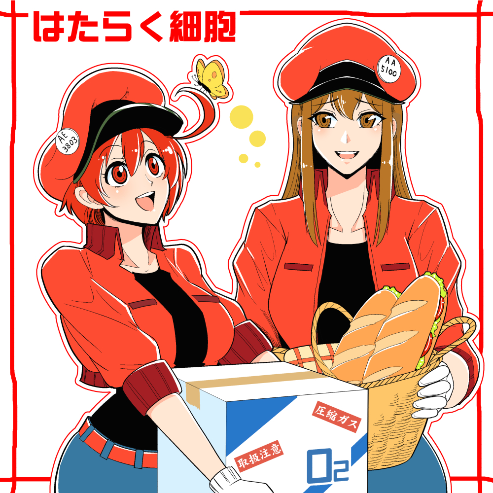 2girls aa-5100 ae-3803 ahoge baguette basket belt border box bread breasts brown_eyes brown_hair bug butterfly butterfly_on_hair cabbie_hat carrying collarbone copyright_name cowboy_shot denim denim_shorts eyebrows_visible_through_hair food gloves hair_between_eyes hat hataraku_saibou insect jacket long_hair looking_at_another medium_breasts multiple_girls name_tag open_mouth red_blood_cell_(hataraku_saibou) red_eyes red_hat redhead shirt short_hair short_sleeves shorts simple_background smile standing straight_hair warugaki_(sk-ii) white_background white_gloves