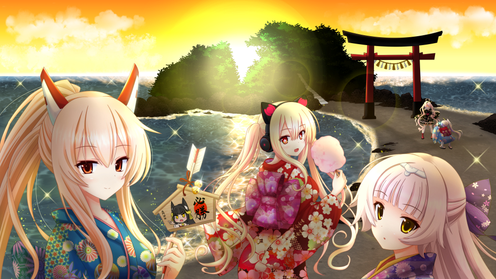:d animal_ears arrow ayanami_(azur_lane) azur_lane bangs black_kimono blonde_hair blue_kimono bow cat_ear_headphones cat_ears closed_mouth clouds cloudy_sky commentary_request concord_(azur_lane) cotton_candy ema eyebrows_visible_through_hair floral_print food hair_between_eyes hair_bow hamaya headphones high_ponytail holding holding_arrow holding_food horizon indianapolis_(azur_lane) insider_(pix_insider) japanese_clothes kimono long_hair long_sleeves nagato_(azur_lane) obi ocean open_mouth orange_sky outdoors parted_lips ponytail portland_(azur_lane) print_kimono purple_bow purple_kimono red_eyes red_kimono sash short_kimono sidelocks sky smile sparkle squatting sunset torii twintails very_long_hair water z46_(azur_lane)