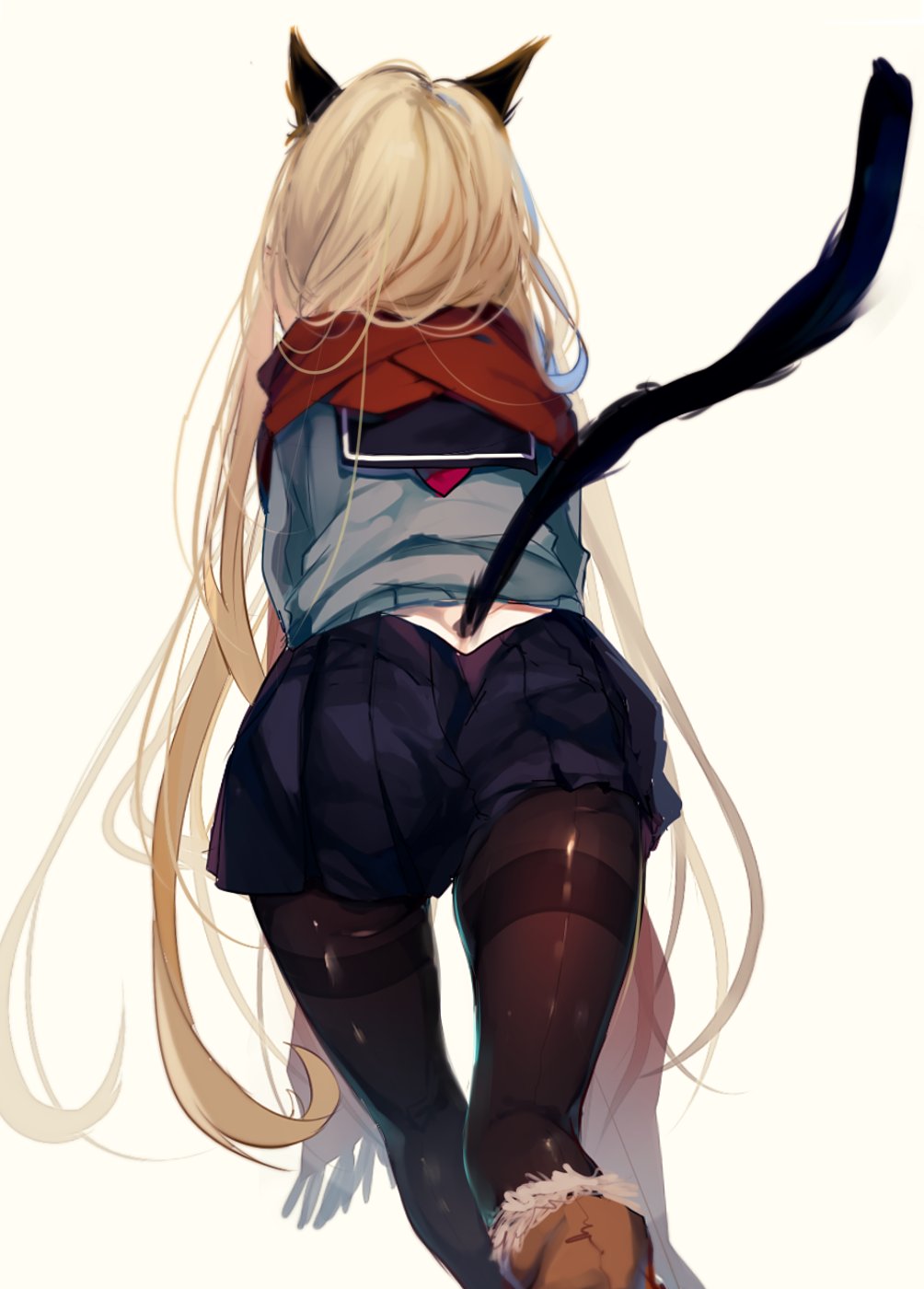 1girl animal_ears back back_peek black_legwear blonde_hair cat_ears cat_girl cat_tail commentary_request copyright_request daimaou_ruaeru dimples_of_venus fading fringe_trim from_behind fur-trimmed_boots fur_trim hidden_face highres kneepits long_hair long_sleeves miniskirt pantyhose pleated_skirt red_scarf sailor_collar scarf school_uniform serafuku shiny_legwear skirt skirt_pull solo tail tail_raised thigh_gap thighband_pantyhose very_long_hair walking winter_clothes