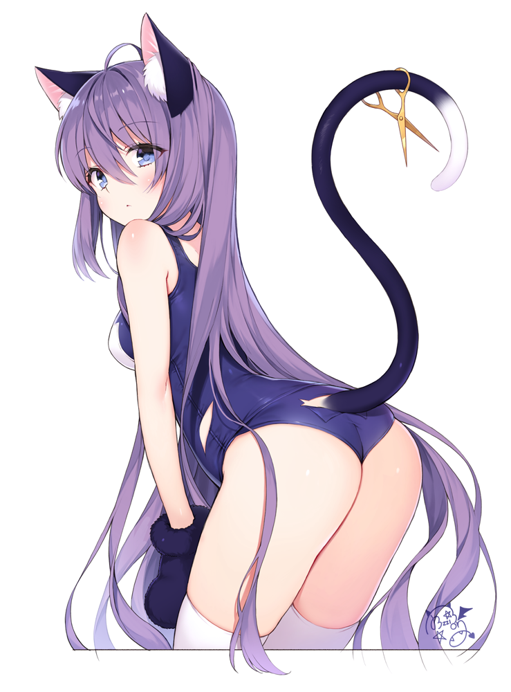 1girl ahoge animal_ear_fluff animal_ears ass back bangs bare_arms bare_shoulders blue_eyes blue_swimsuit blush breasts byulzzimon cat_ears cat_girl cat_tail closed_mouth cowboy_shot eyebrows_visible_through_hair from_behind gloves hair_between_eyes leaning_forward long_hair looking_at_viewer looking_back medium_breasts one-piece_swimsuit original paw_gloves paws purple_hair school_swimsuit scissors signature simple_background small_breasts solo star swimsuit tail tail_raised thigh-highs thighs torn_clothes torn_swimsuit very_long_hair white_background white_legwear