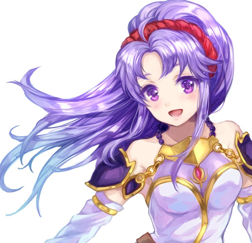 1girl :d armpits bare_shoulders blush breasts detached_sleeves dress fire_emblem fire_emblem:_seisen_no_keifu jewelry jurge long_hair looking_at_viewer medium_breasts nintendo open_mouth ponytail purple_hair simple_background smile solo strapless strapless_dress tiltyu_(fire_emblem) upper_body violet_eyes white_background