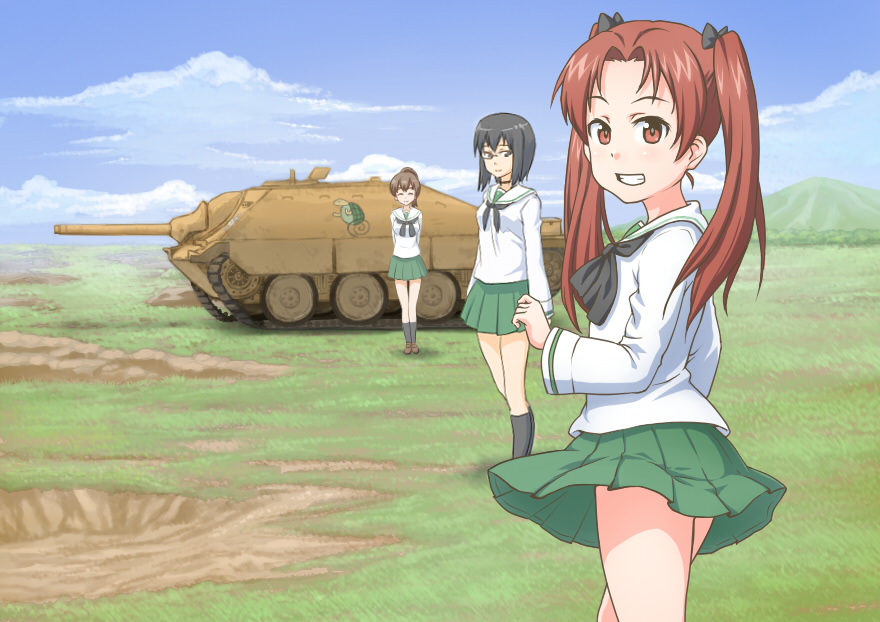 3girls black_bow black_hair black_neckwear blue_sky bow brown_eyes brown_hair choker clouds day girls_und_panzer glasses grin ground_vehicle hair_bow high_ponytail jagdpanzer_38(t) kadotani_anzu kawashima_momo koyama_yuzu long_hair long_sleeves looking_at_viewer military military_vehicle miniskirt motor_vehicle multiple_girls ooarai_school_uniform outdoors pleated_skirt sailor_collar school_uniform shiny shiny_hair shirt sibaraku_mitei skirt sky smile standing tank twintails white_sailor_collar white_shirt