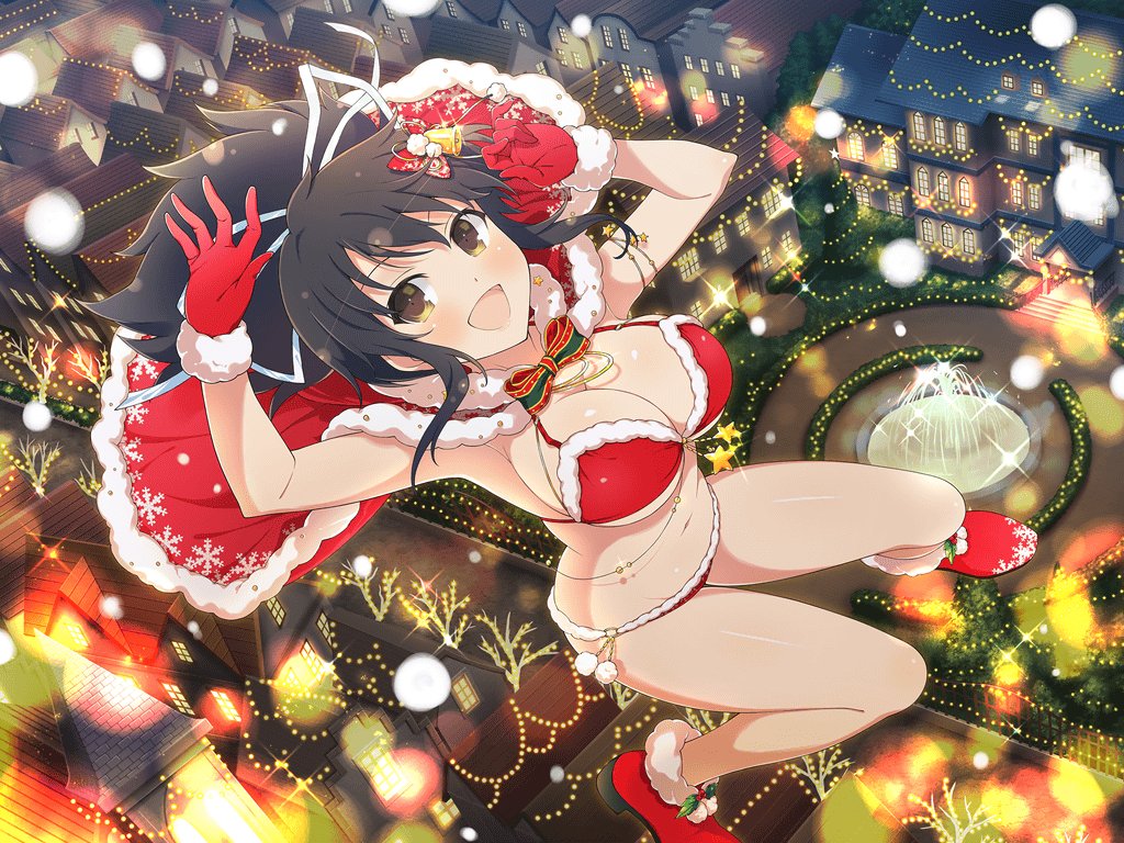 1girl :d asuka_(senran_kagura) bikini black_hair blush bow breasts brown_eyes cape christmas christmas_lights cleavage fur-trimmed_bikini fur-trimmed_cape fur_trim gloves hair_ornament hair_ribbon happy large_breasts looking_at_viewer navel official_art open_mouth ponytail red_cape red_footwear red_gloves ribbon santa_bikini senran_kagura senran_kagura_new_link short_ponytail smile solo swimsuit white_ribbon yaegashi_nan