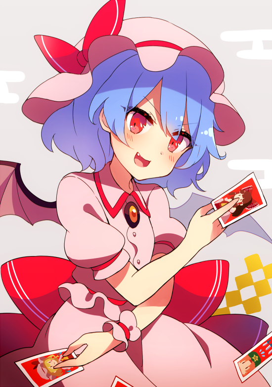 &gt;:) 1girl 60mai :d bat_wings blue_hair blush bow brooch commentary_request cowboy_shot dress fang flandre_scarlet grey_background hakurei_reimu hat hat_bow head_tilt holding_photo hong_meiling jewelry knife looking_at_viewer mob_cap open_mouth photo_(object) pink_dress pink_hat puffy_short_sleeves puffy_sleeves red_bow red_eyes red_sash remilia_scarlet sash short_hair short_sleeves simple_background smile solo touhou v-shaped_eyebrows wings wrist_cuffs