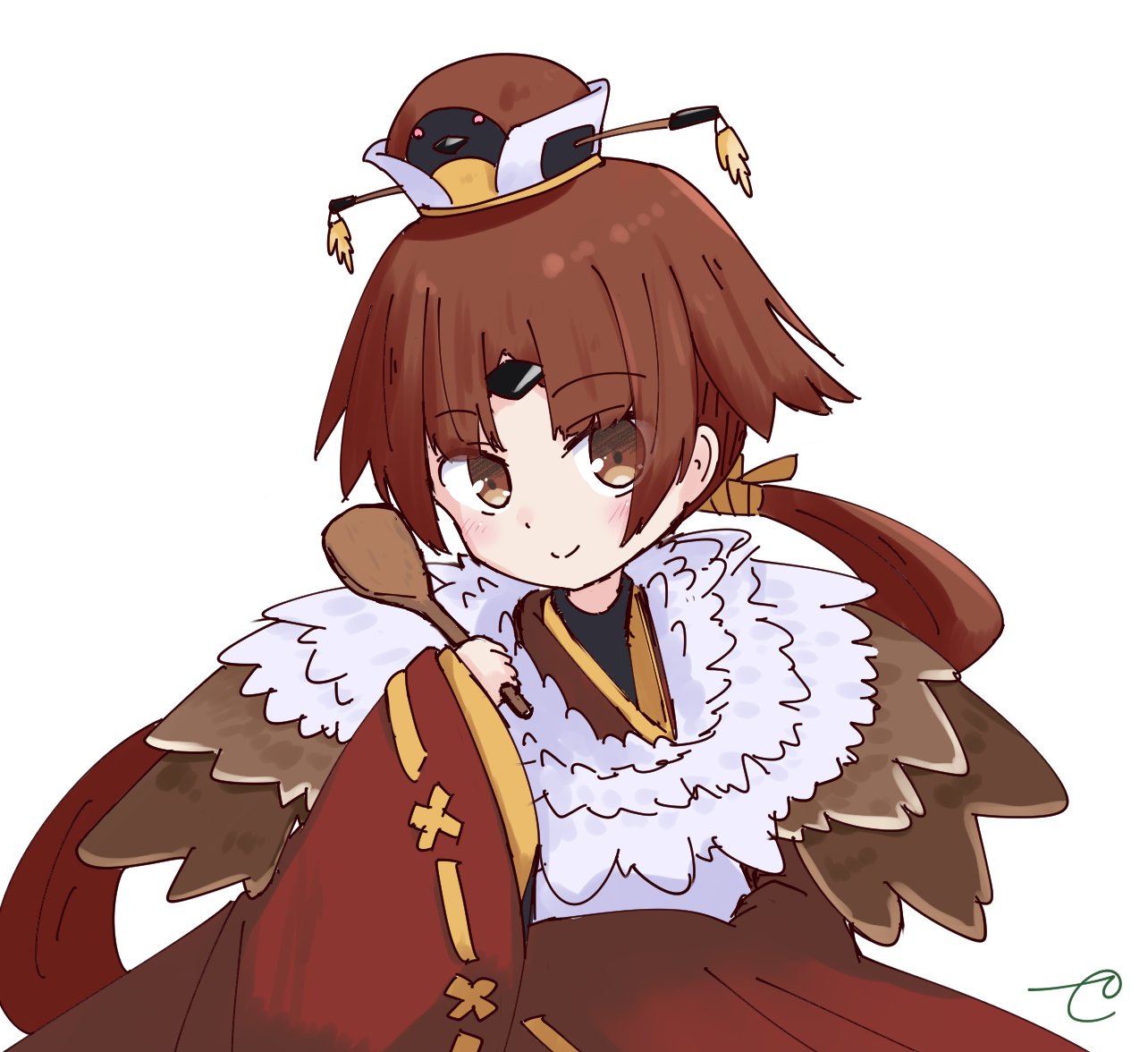 1girl bangs benienma_(fate/grand_order) blush brown_eyes brown_hair brown_hat brown_kimono closed_mouth commentary_request fate/grand_order fate_(series) hat holding holding_spoon japanese_clothes kimono kujou_karasuma long_hair long_sleeves looking_at_viewer parted_bangs ribbon-trimmed_sleeves ribbon_trim simple_background sleeves_past_wrists smile solo spoon upper_body very_long_hair white_background wide_sleeves wooden_spoon