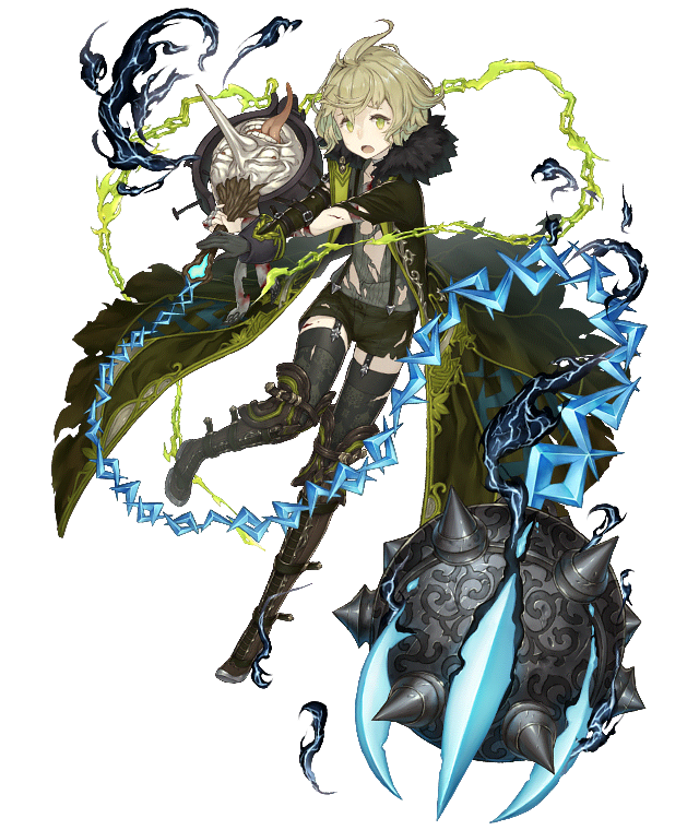 1boy ahoge blood boots chains club flail full_body fur_collar gloves green_eyes green_hair ji_no knee_boots long_coat long_nose looking_at_viewer official_art pinocchio_(sinoalice) shorts single_glove sinoalice solo spiked_club suspenders thigh-highs tongue tongue_out torn_clothes transparent_background weapon