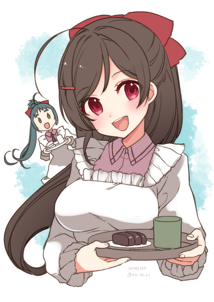 2girls ahoge brown_hair cup food green_hair hair_ornament hair_ribbon hairclip irako_(kantai_collection) kantai_collection kappougi koruri long_hair looking_at_viewer mamiya_(kantai_collection) multiple_girls open_mouth ponytail red_ribbon ribbon smile tray upper_body upper_teeth wagashi yunomi