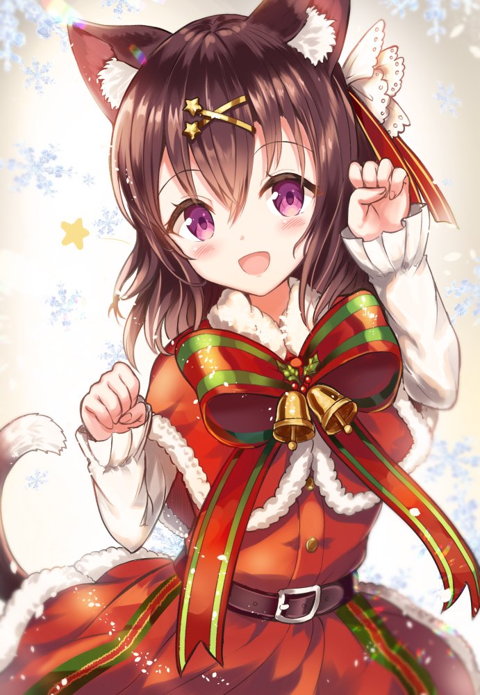 1girl :d animal_ears bangs bell belt blush brown_hair cat_ears cat_girl cat_tail christmas commentary_request dress eyebrows_visible_through_hair fur_collar hair_between_eyes hair_ornament hairclip jingle_bell long_sleeves looking_at_viewer medium_hair open_mouth original paw_pose red_dress sakura_ani smile snowflakes solo standing star star_hair_ornament tail violet_eyes