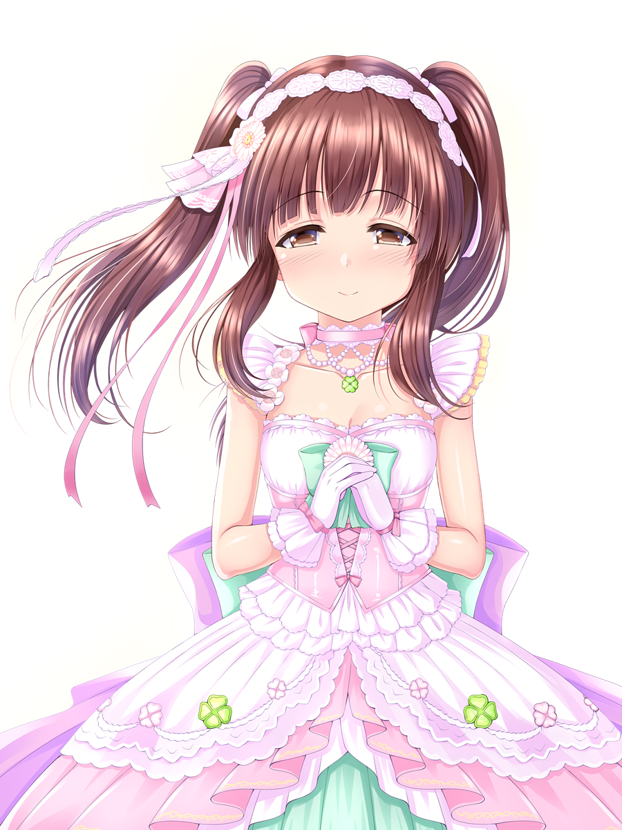 1girl bangs blush breasts brown_eyes brown_hair choker cleavage closed_mouth collarbone commentary_request dress eyebrows_visible_through_hair flower gloves hair_flower hair_ornament hair_ribbon hairband half-closed_eyes highres idolmaster idolmaster_cinderella_girls long_hair ogata_chieri own_hands_together pink_choker pink_dress pink_hairband pink_ribbon purple_gloves ribbon sidelocks simple_background small_breasts smile solo strapless strapless_dress twintails u2_(5798239) white_background white_flower