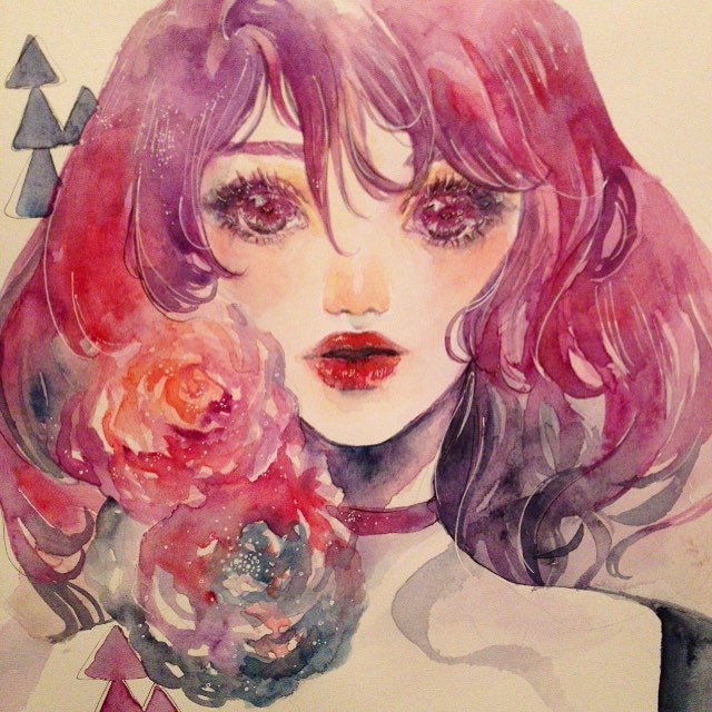 1girl choker commentary conniekims english_commentary flower lipstick looking_at_viewer makeup original parted_lips pink_flower portrait purple_choker purple_hair red_lipstick short_hair solo traditional_media violet_eyes watercolor_(medium)