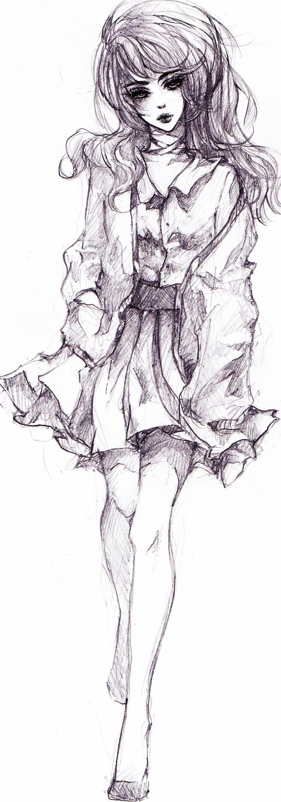 1girl absurdres collared_shirt commentary conniekims english_commentary full_body greyscale highres jacket long_hair looking_at_viewer monochrome open_clothes open_jacket original pleated_skirt shirt shoes sketch skirt solo