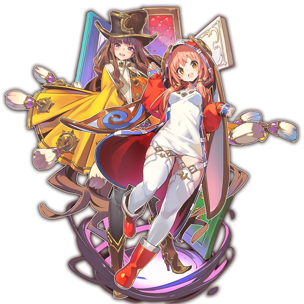 2girls absurdly_long_hair boots brown_hair hat high_heels hood hood_up last_period long_hair long_sleeves looking_at_viewer multiple_girls official_art open_mouth outline pink_eyes pink_hair red_footwear sleeves_past_wrists thigh-highs top_hat very_long_hair white_legwear white_outline whoopin yellow_eyes