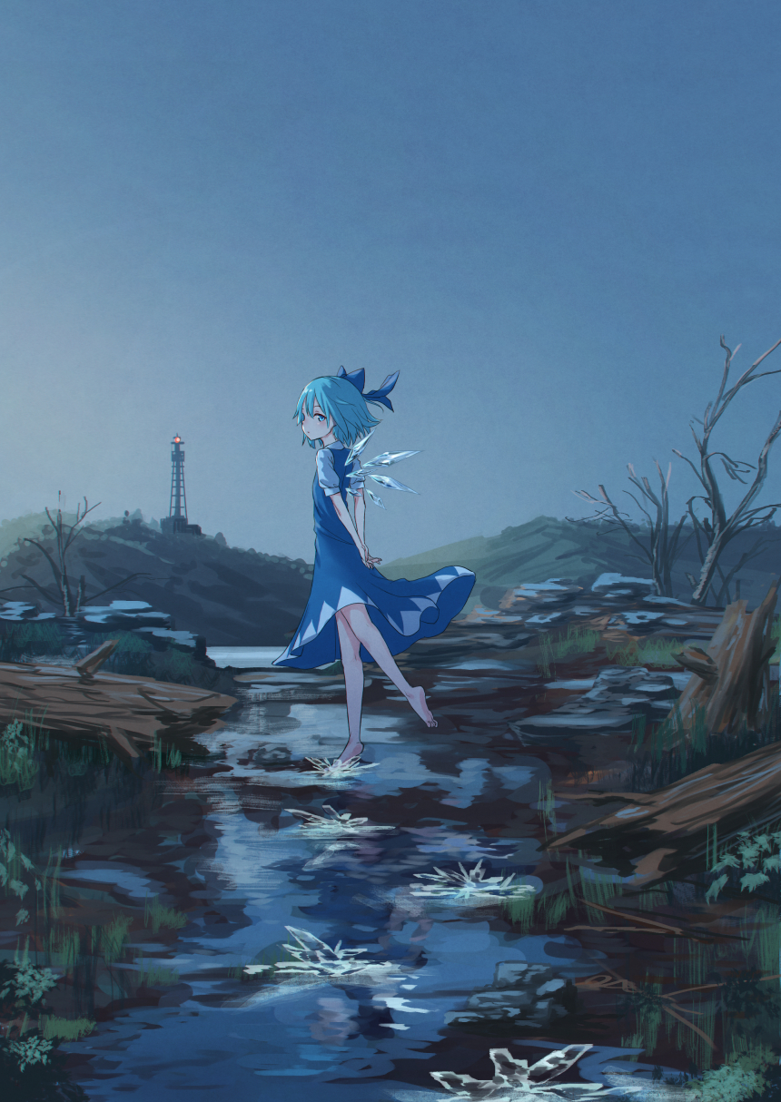 1girl bangs bare_tree barefoot blue_bow blue_dress blue_eyes blue_hair blue_sky bow cirno commentary_request dress full_body hair_between_eyes hair_bow highres ice ice_wings looking_at_viewer looking_back nature outdoors pinafore_dress puffy_short_sleeves puffy_sleeves roke_(taikodon) shirt short_hair short_sleeves sky solo touhou tower tree white_shirt wings