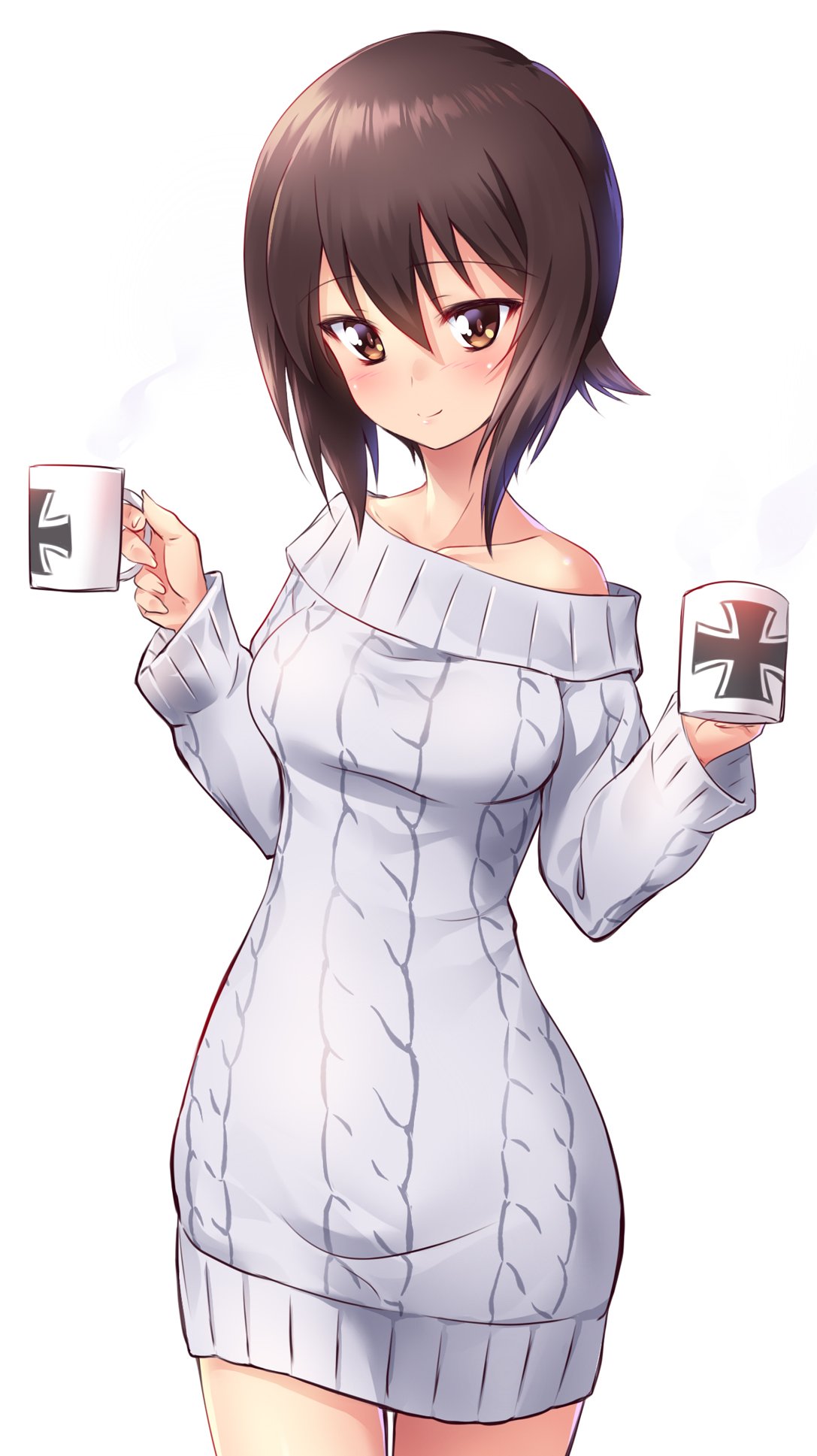 1girl bangs bare_shoulders blush brown_eyes brown_hair closed_mouth collarbone commentary_request cowboy_shot cup dress emblem eyebrows_visible_through_hair girls_und_panzer highres holding holding_cup kuzuryuu_kennosuke long_sleeves looking_at_viewer mug nishizumi_maho off-shoulder_dress off_shoulder ribbed_dress short_hair smile solo standing steam sweater sweater_dress white_dress