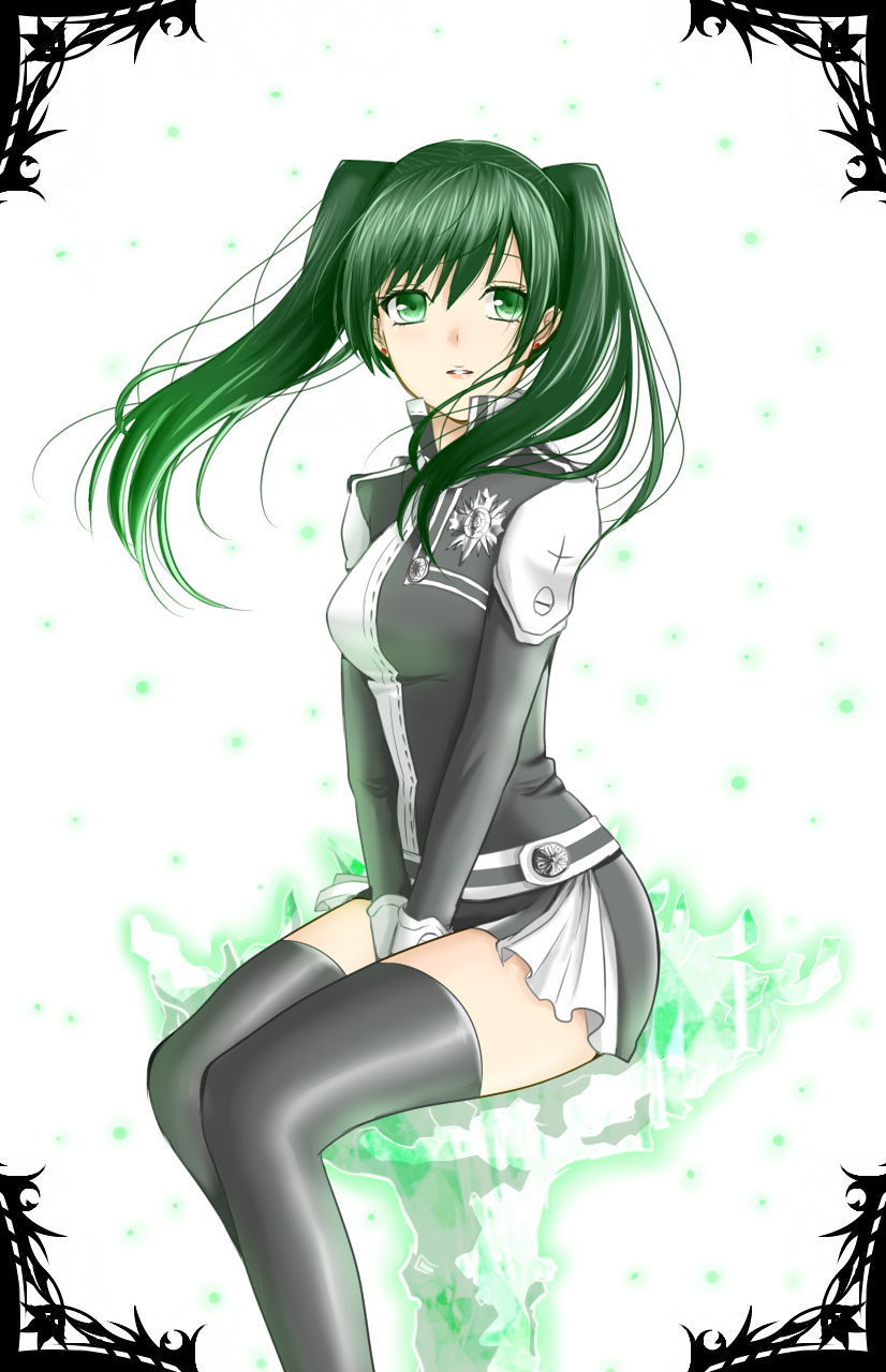 1girl between_legs black_legwear d.gray-man fj81l floating_hair green_eyes green_hair hand_between_legs highres lenalee_lee long_hair long_sleeves military military_jacket military_uniform miniskirt parted_lips sitting skirt solo thigh-highs twintails uniform zettai_ryouiki