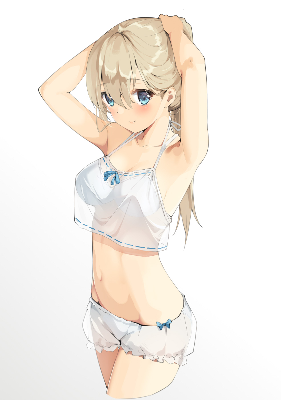 1girl armpits arms_up bangs bare_arms bare_shoulders blonde_hair bloomers blue_eyes blush bra breasts cleavage closed_mouth collarbone crop_top cropped_legs eyebrows_visible_through_hair frills gin00 girls_frontline gradient gradient_background groin hair_between_eyes highres long_hair looking_at_viewer medium_breasts midriff navel panties pantylines ponytail ribbon_trim see-through shirt sidelocks sleeveless sleeveless_shirt smile solo stomach suomi_kp31_(girls_frontline) underwear white_background white_bra white_panties white_shirt