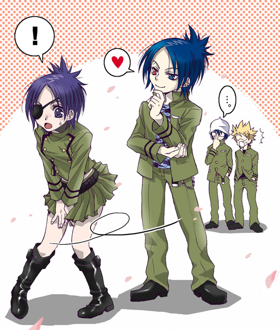 1girl 3boys belt black_hair blue_eyes blue_hair boots breasts chibi chrome_dokuro commentary_request dress eyepatch joushima_ken kakimoto_chikusa katekyo_hitman_reborn midriff multiple_boys purple_hair rokudou_mukuro school_uniform short_hair skirt smile violet_eyes