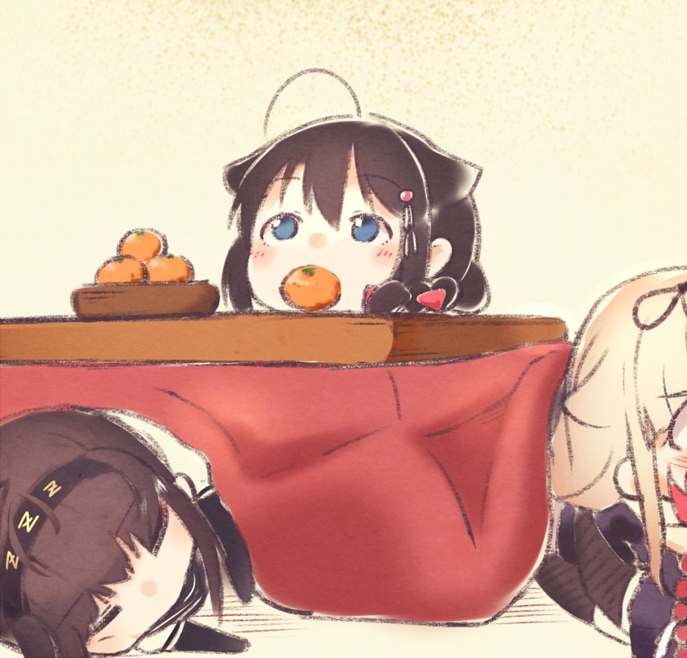 ahoge bangs black_hair blonde_hair blue_eyes blush bow bowl braid brown_hair chibi closed_eyes eyebrows_visible_through_hair food fruit gloves hair_flaps hair_ornament hatsuzuki_(kantai_collection) headband kantai_collection koppa_mijinko_(series2023) kotatsu long_hair lying multiple_girls orange shigure_(kantai_collection) short_hair simple_background single_braid sitting sleeping table yellow_background yuudachi_(kantai_collection)