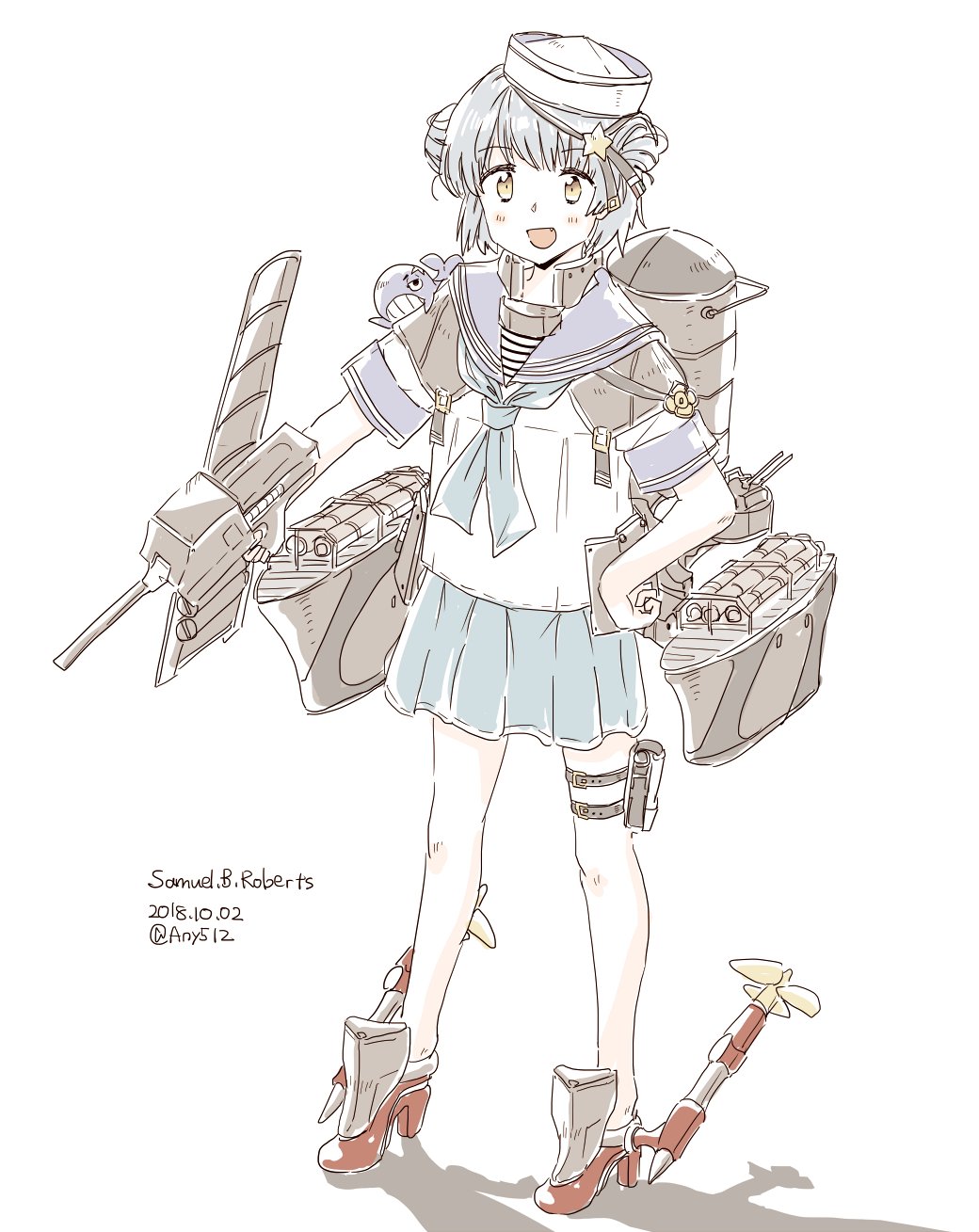 1girl animal animal_on_arm any_(lucky_denver_mint) artist_name bangs blue_hair blue_sailor_collar blue_skirt blush character_name dated eyebrows_visible_through_hair fang full_body hair_bun hand_on_hip hat highres kantai_collection light_blue_hair machinery medal military military_hat navy_cross open_mouth pleated_skirt rigging sailor_collar sailor_hat samuel_b._roberts_(kantai_collection) school_uniform serafuku shadow shirt shoes short_sleeves side_bun simple_background skirt sleeve_cuffs solo star torpedo torpedo_launcher whale white_background white_hat white_shirt yellow_eyes