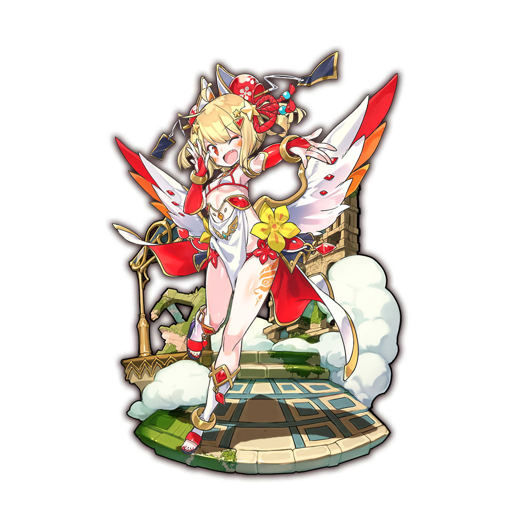 1girl bikini_top blonde_hair bridal_gauntlets fang hair_ornament last_period low_wings official_art one_eye_closed open_mouth open_toe_shoes outstretched_arm red_eyes solo standing star star_hair_ornament tattoo toenail_polish whoopin wings