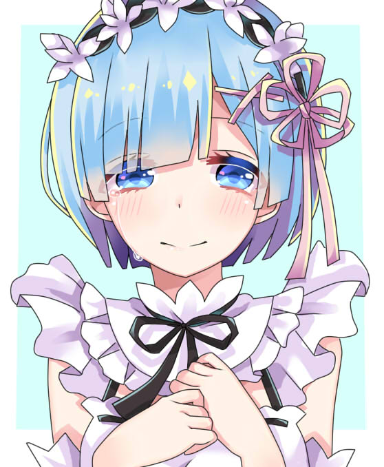 1girl bangs black_neckwear black_ribbon blue_eyes blue_hair blush breasts check_commentary closed_mouth commentary_request detached_sleeves eyebrows_visible_through_hair eyes_visible_through_hair face frilled_sleeves frills hair_ornament hair_over_one_eye hair_ribbon looking_at_viewer maid maid_headdress mako_dai_ni-dai medium_breasts open_eyes re:zero_kara_hajimeru_isekai_seikatsu rem_(re:zero) ribbon sad_smile short_hair simple_background smile solo tears white_background x_hair_ornament