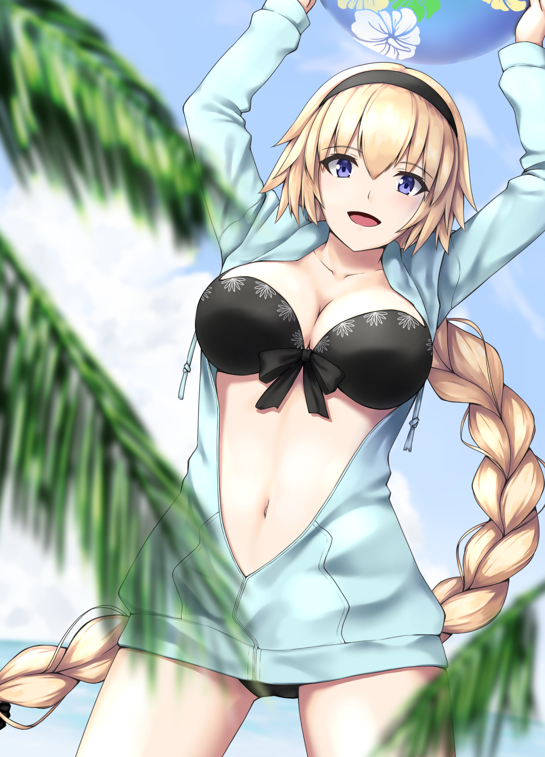 1girl :d arms_up ball bangs beachball black_hairband blonde_hair blue_eyes blue_jacket blue_sky blurry blush braid breasts cleavage clouds collarbone commentary_request cowboy_shot day depth_of_field drawstring enchuu fate/grand_order fate_(series) floating_hair front-tie_bikini front-tie_top hair_between_eyes hair_ornament hairband highres holding holding_ball horizon jacket jeanne_d'arc_(fate)_(all) jeanne_d'arc_(swimsuit_archer) large_breasts legs_apart long_hair long_sleeves looking_at_viewer navel ocean open_clothes open_jacket open_mouth outdoors single_braid sky smile solo standing stomach very_long_hair